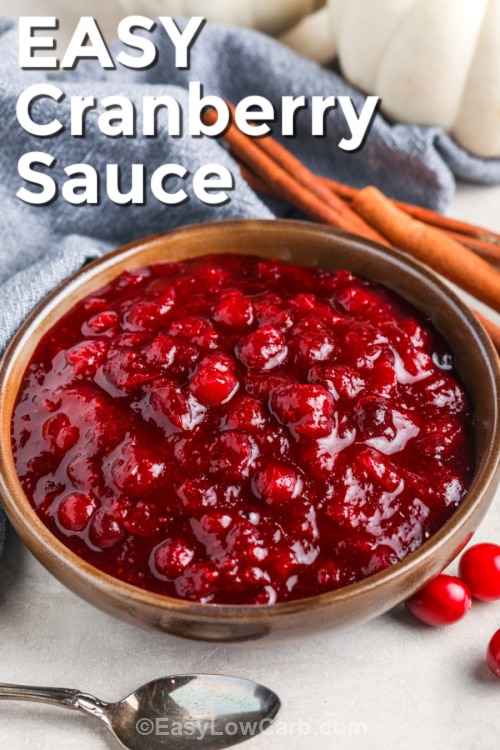 Keto Cranberry Sauce in a bowl with writing