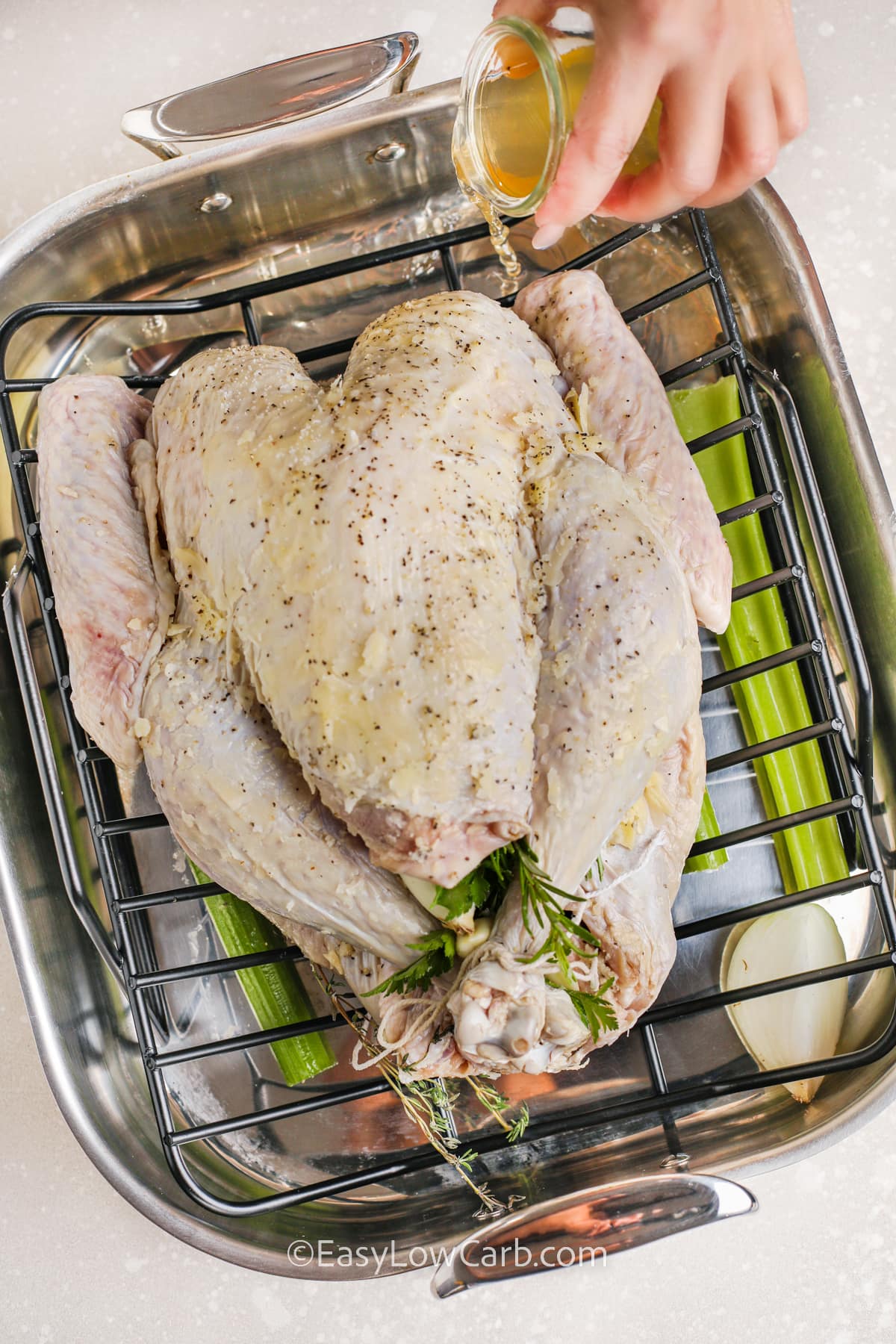raw turkey with broth being poured on top in a roasting pan
