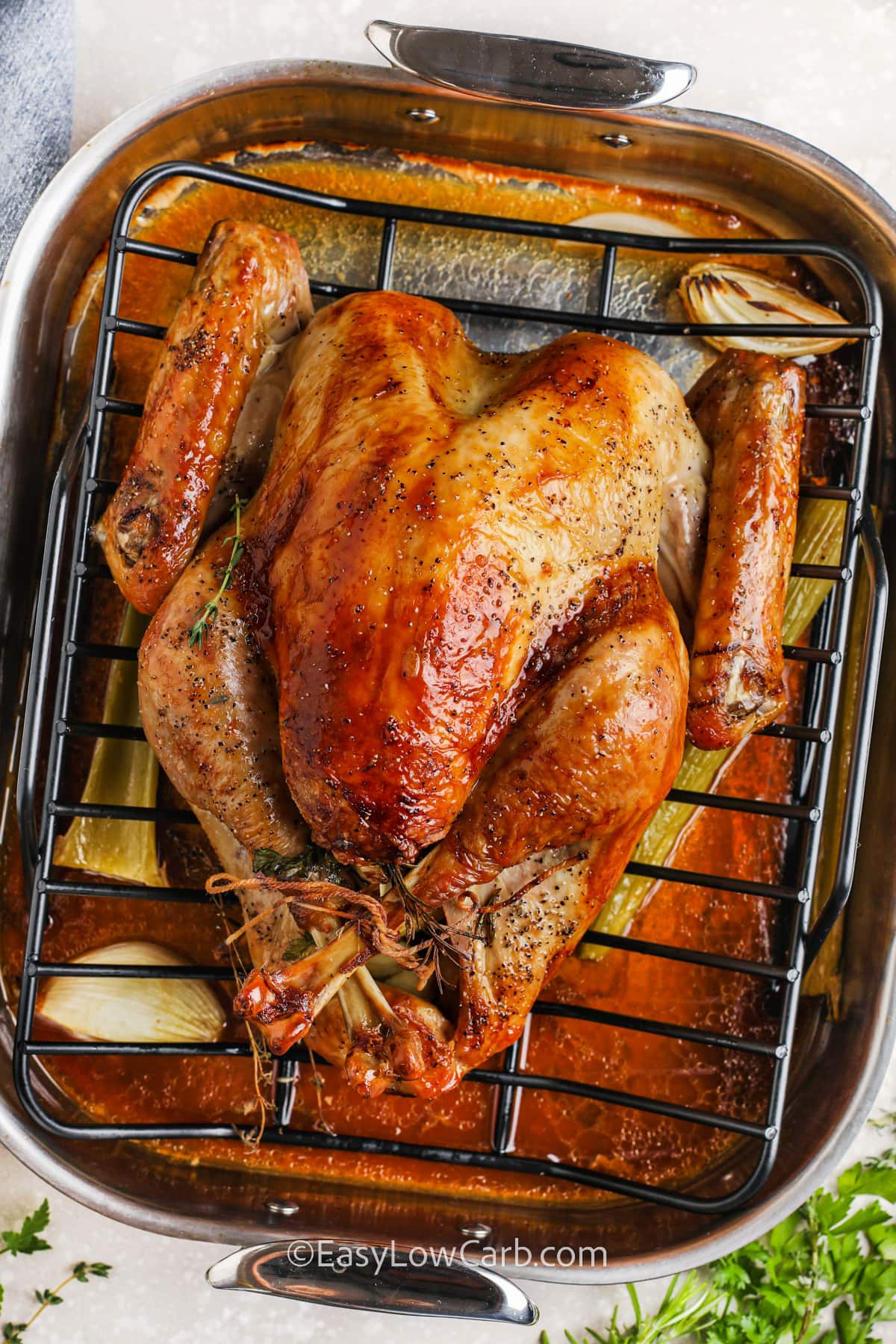oven roasted turkey in a roasting pan