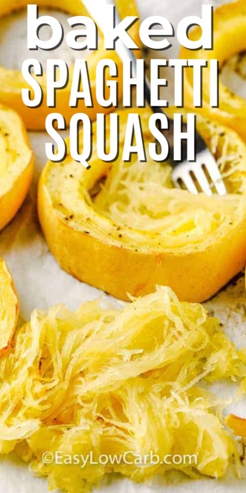 Pulling out the strands of baked spaghetti squash, and text.