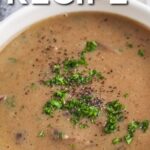a serving dish of keto gravy with text