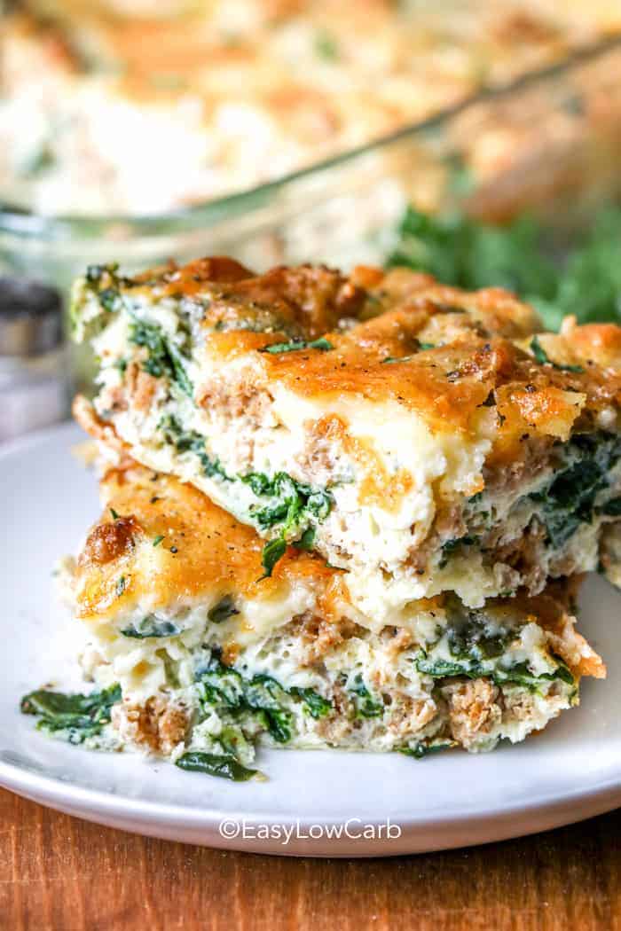 healthy breakfast casserole stacked on a white plate