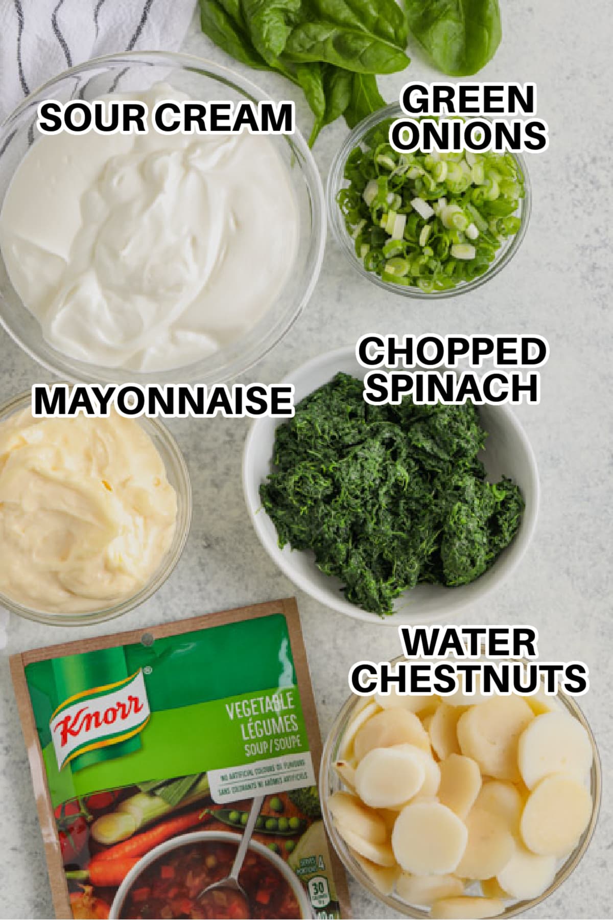 ingredients to make spinach dip including sour cream, green onions, chopped spinach, mayonnaise, water chestnuts, and vegetable soup mix.