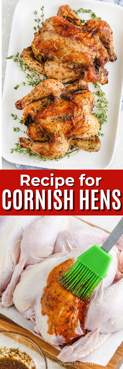 Top image - two roasted Cornish hens on a serving plate. Bottom image - a Cornish hen being brushed with a seasoning mix with a title