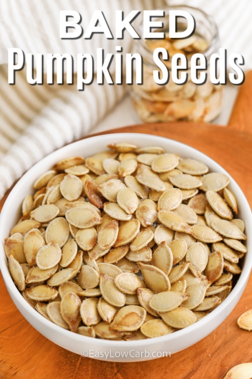 baked pumpkin seeds in a bowl with writing