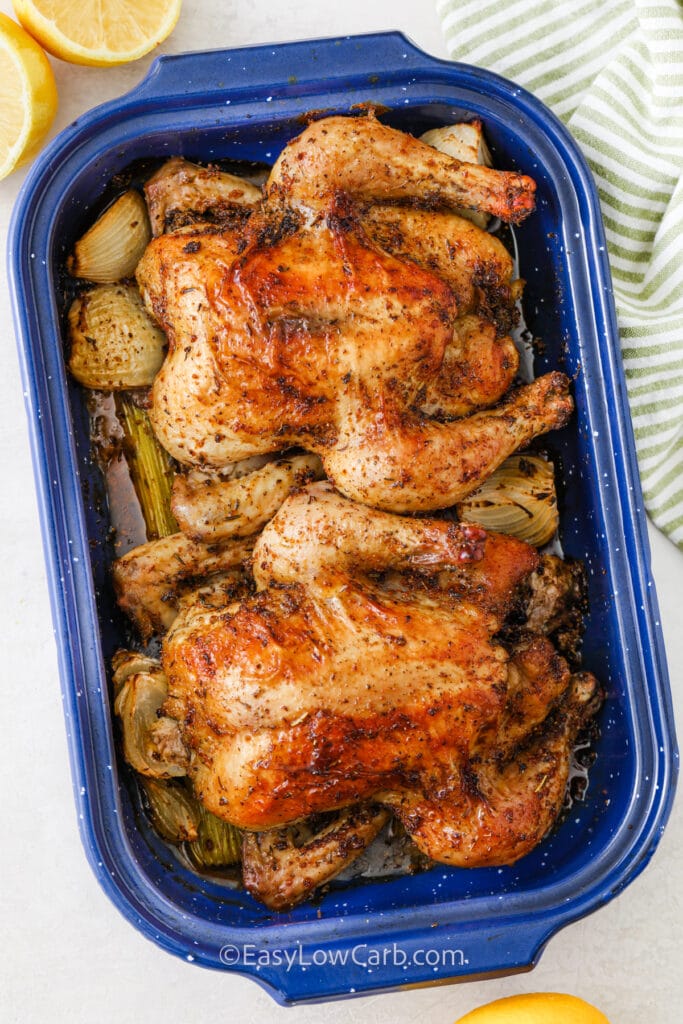 Roasted Cornish Hen in a roasting pan with text