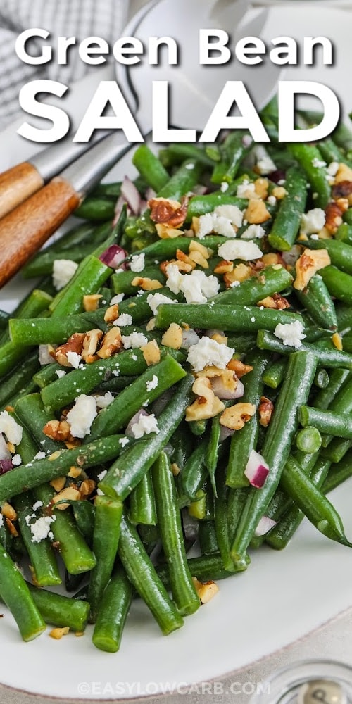 Green beans salad prepared in a serving dish with text