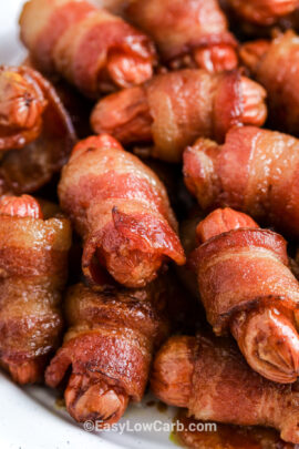 bacon wrapped little smokies in a dish