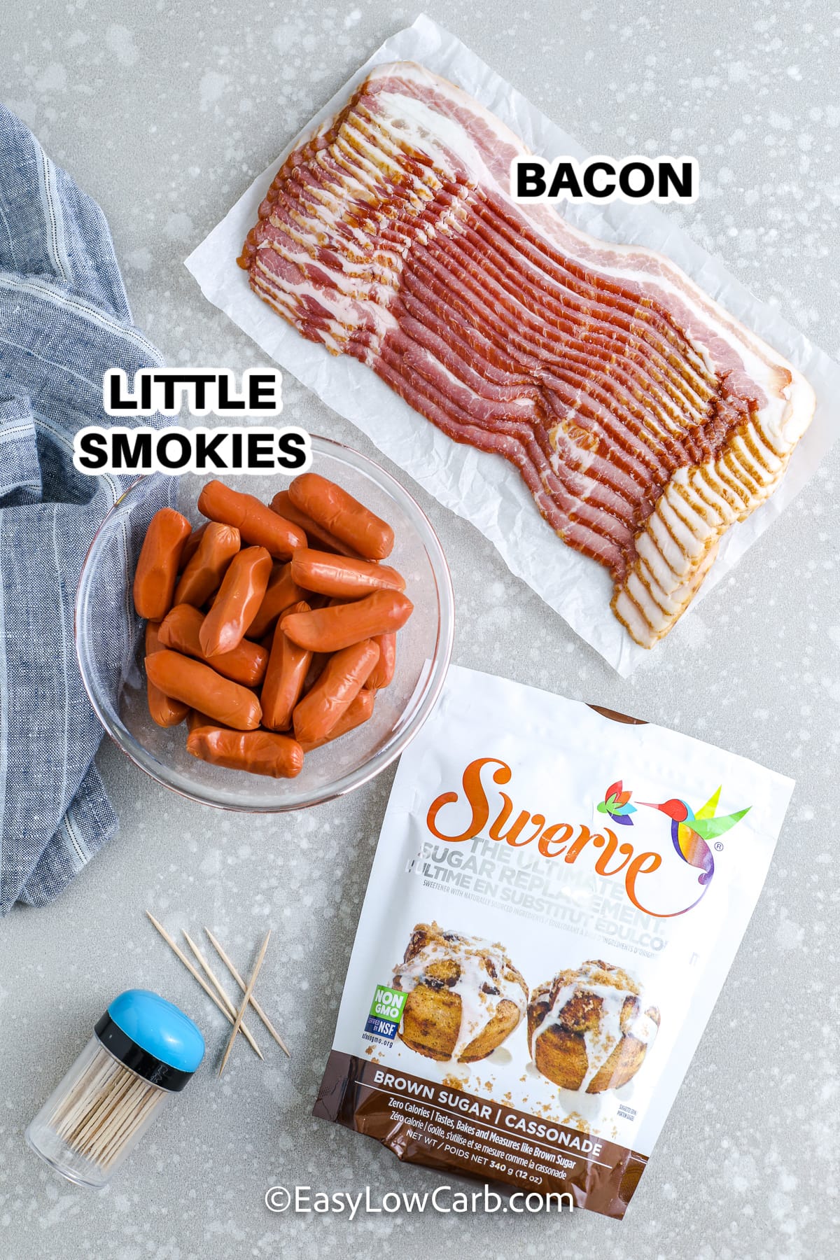 ingredients to make bacon wrapped little smokies including swerve, bacon, and little smokies