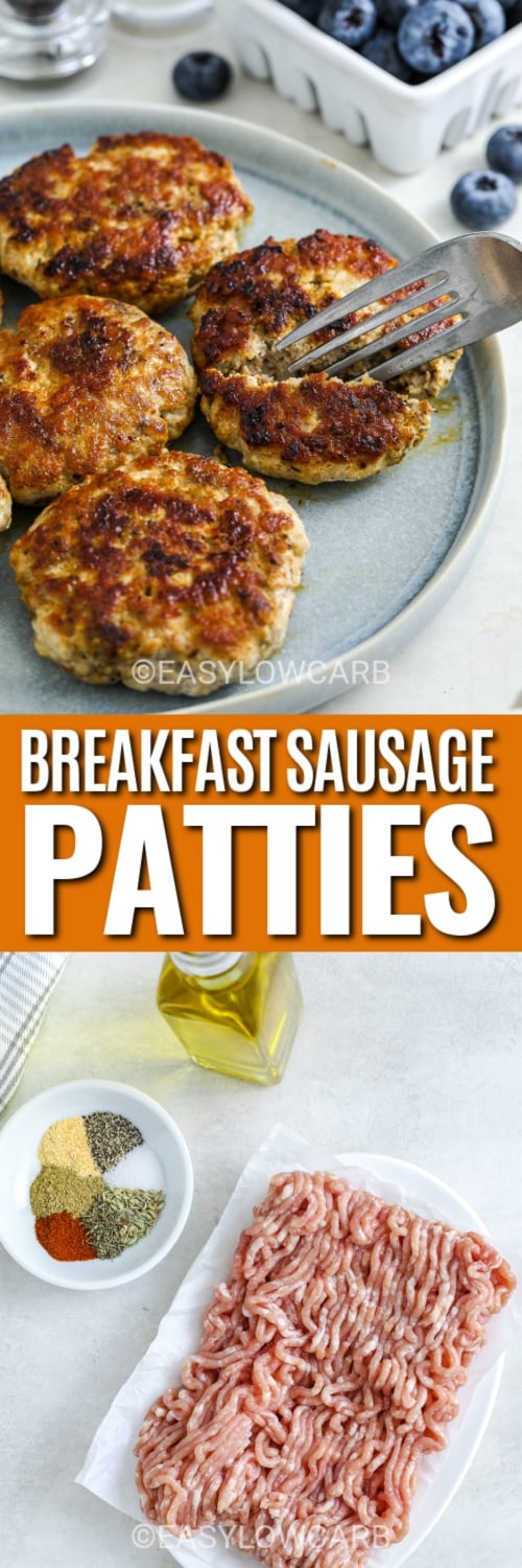 breakfast sausage patties and ingredients with text