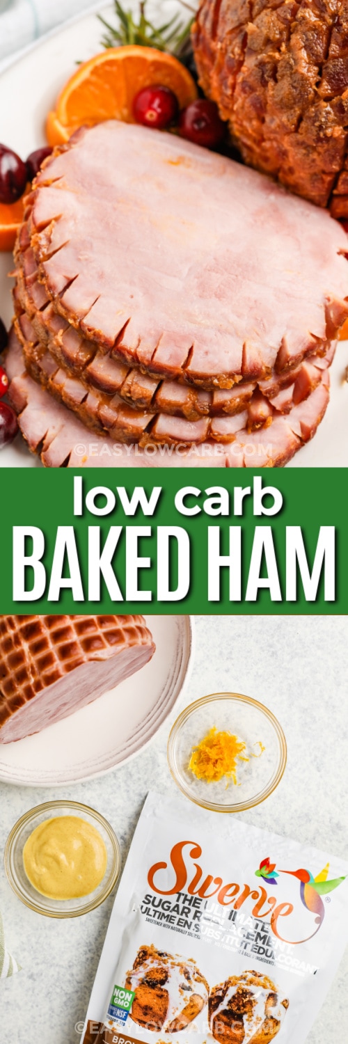 ingredients to make Low Carb Baked Ham and slices of Low Carb Baked Ham on a plate with writing