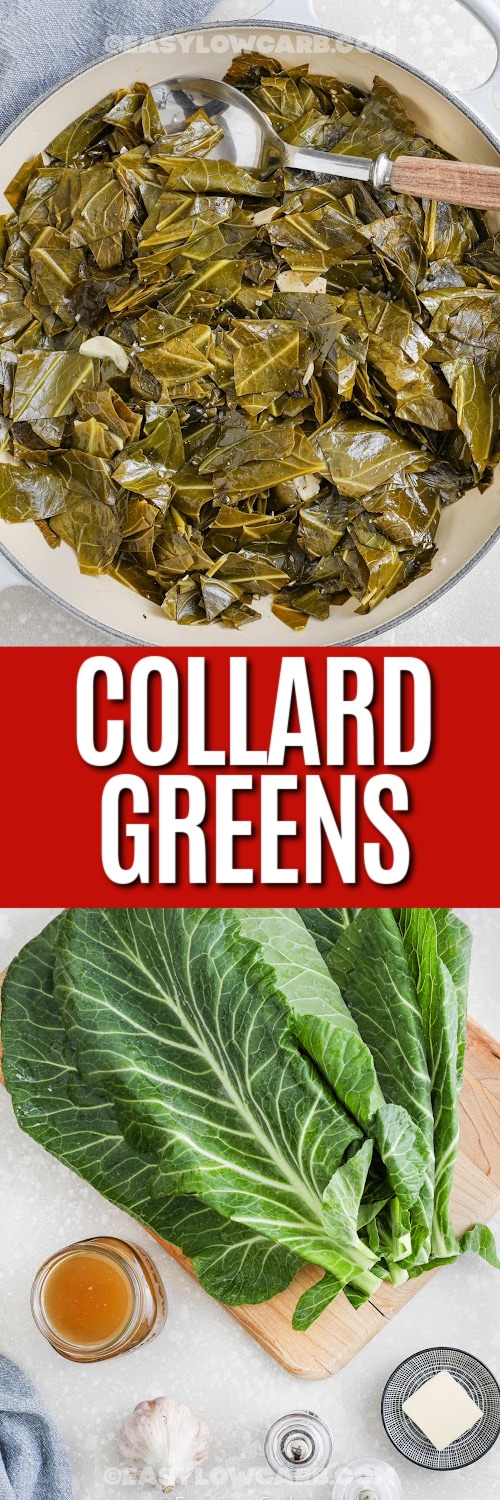 sauteed collard greens ingredients and sauteed collard greens in a pan with writing