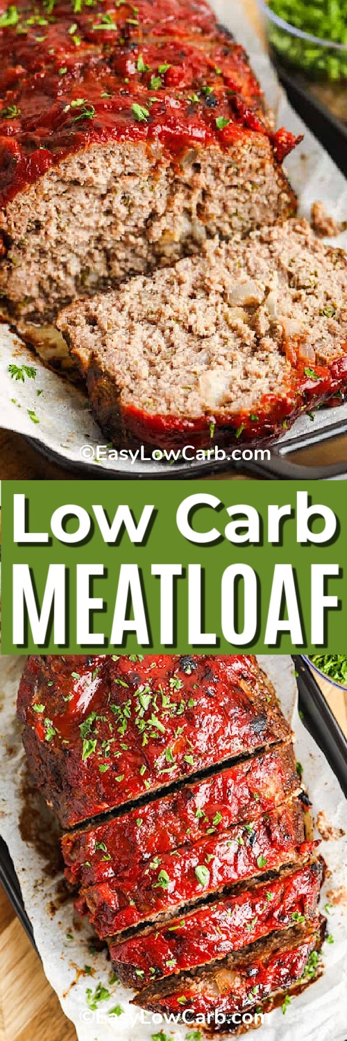 cooked low carb meatloaf, on a parchment lined baking sheet, and sliced low carb meatloaf on a parchment lined baking sheet under the title.