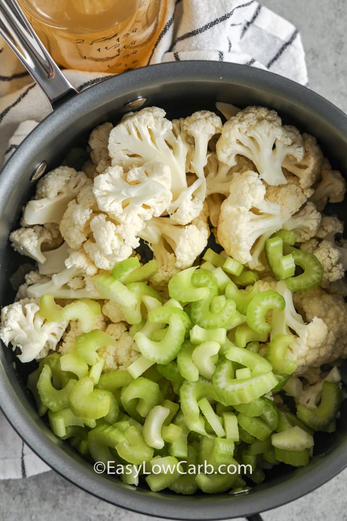 veggies in a pot for creamy cauliflower soup
