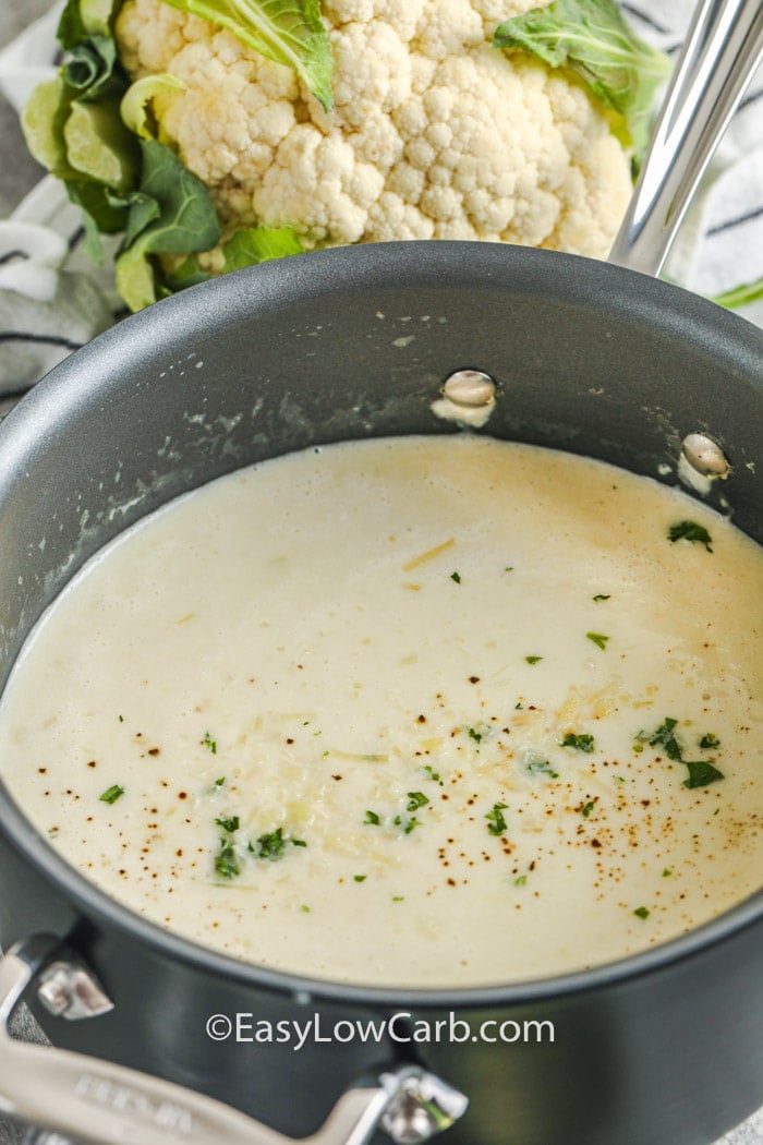 creamy cauliflower soup in a pot
