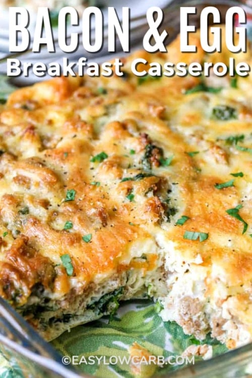 healthy breakfast casserole in a casserole dish with writing