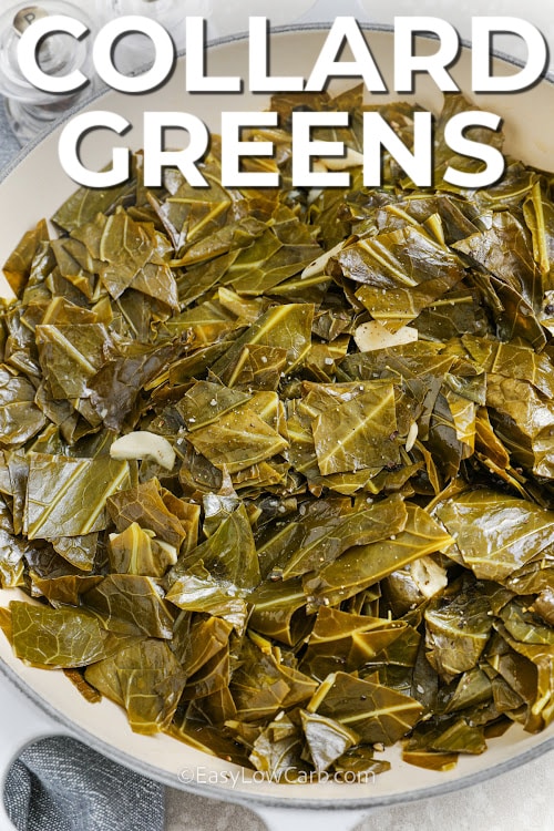 sauteed collard greens in a pan with writing