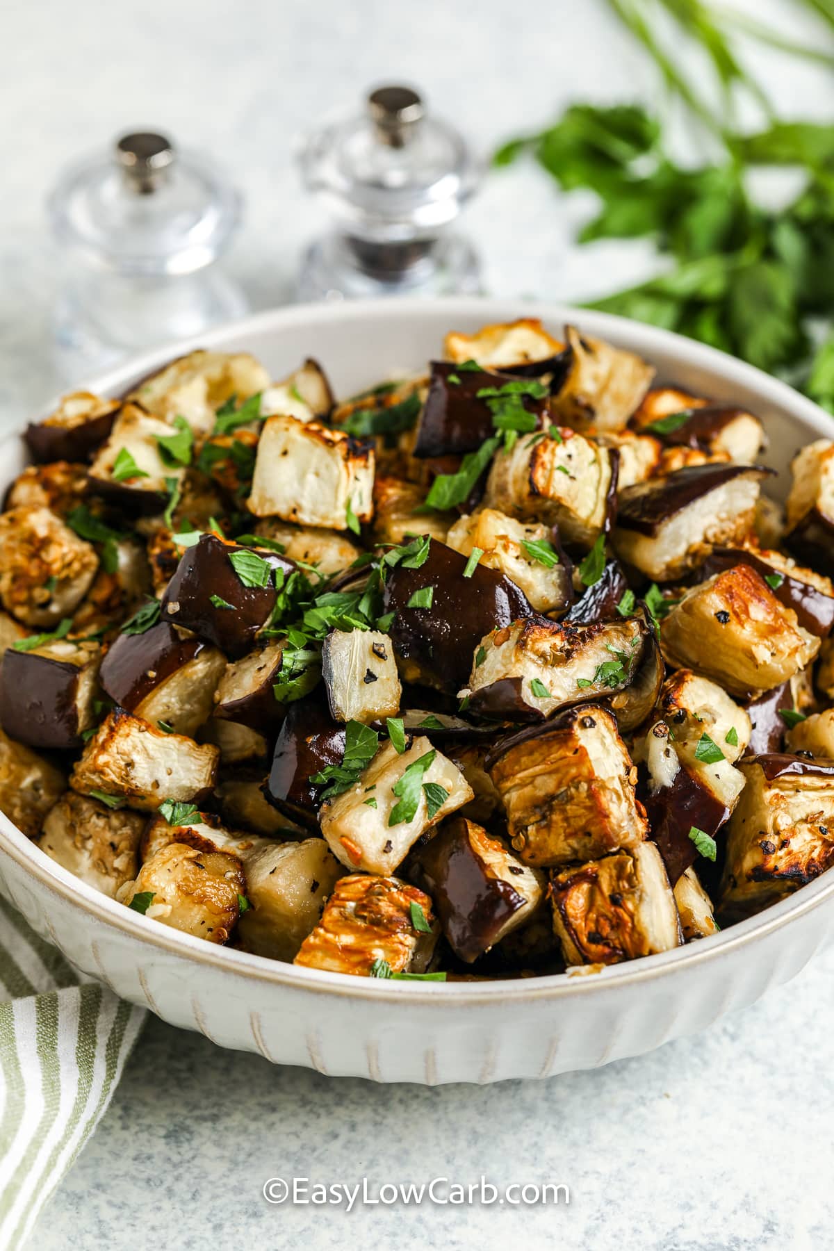 oven roasted eggplant in a bowl