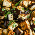oven roasted eggplant in a bowl with text