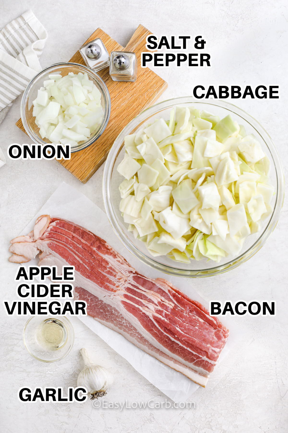 cabbage , onion , bacon , apple cider vinegar , garlic , salt and pepper with labels to make Fried Cabbage with Bacon