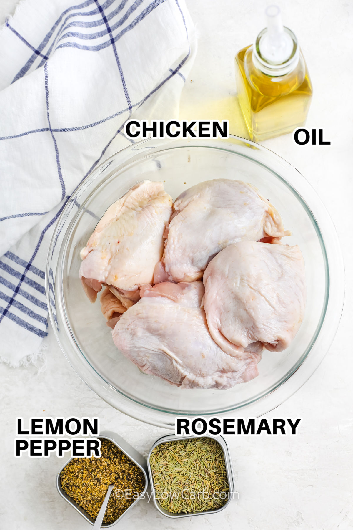 chicken , oil , rosemary , and lemon pepper with labels to make Skillet Chicken Thighs