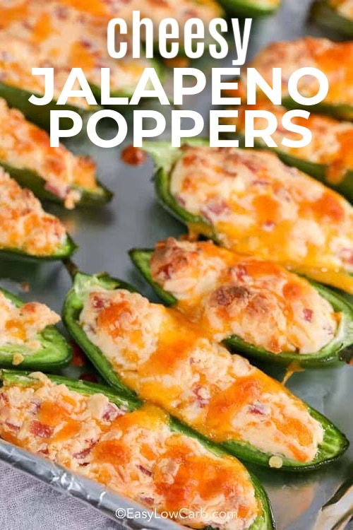 Baked Jalapeno Poppers on a sheet pan with writing