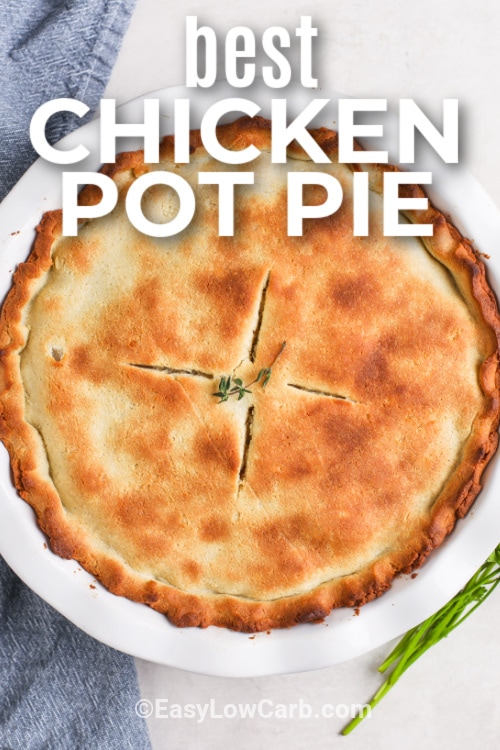 low carb chicken pot pie in a white dish with writing