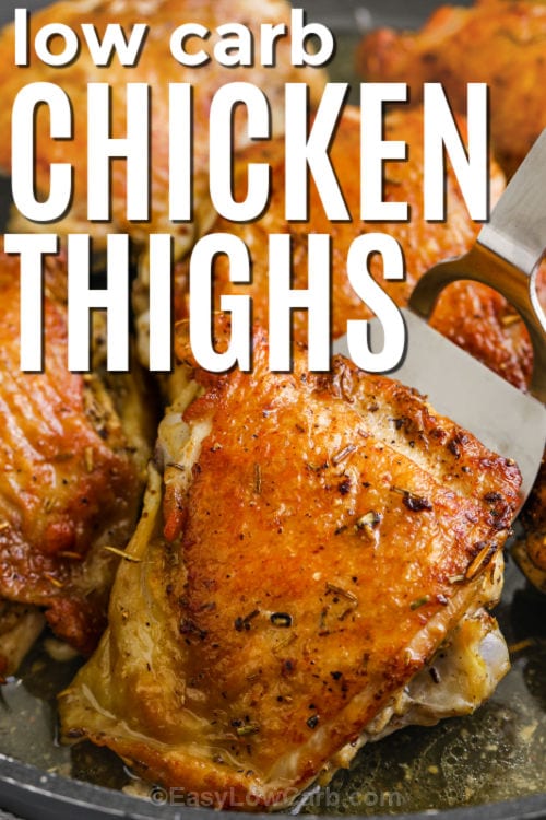 close up of Skillet Chicken Thighs with writing