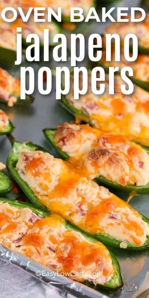 Baked Jalapeno Poppers on a baking sheet with a title