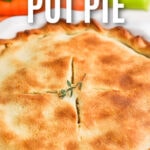 low carb chicken pot pie in a pie dish with writing