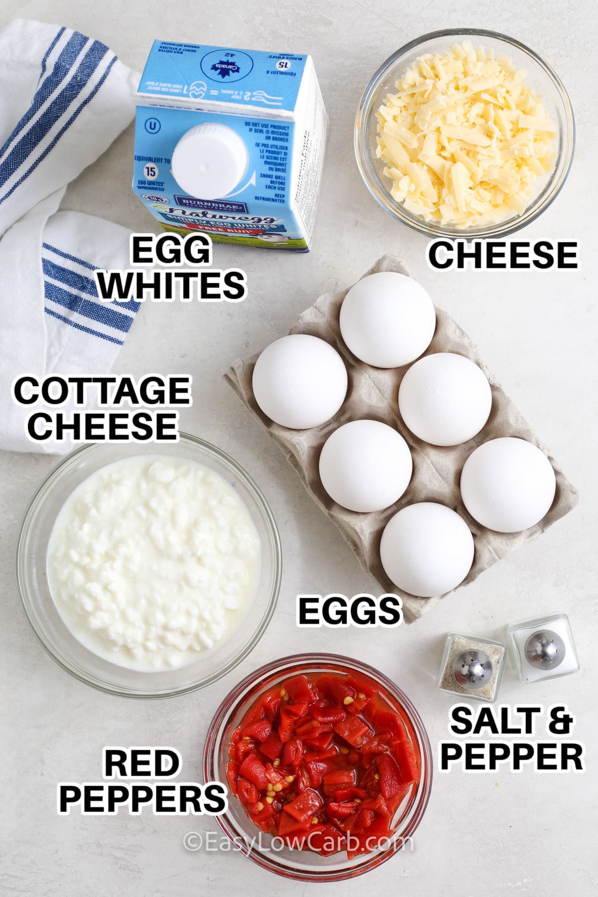 egg whites , cheese , eggs , cottage cheese , red peppers , salt and pepper with labels to make Cottage Cheese Egg Bites