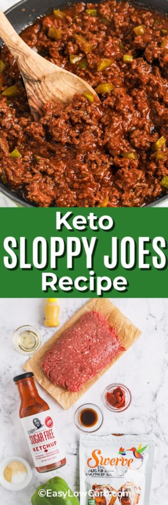Top image - a sauce pan of keto sloppy joes. Bottom image - ingredients to make keto sloppy joes with text