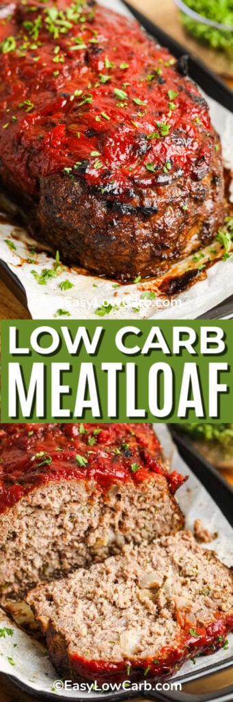 cooked low carb meatloaf, on a parchment lined baking tray, garnished with fresh parsley, and meatloaf, on a parchment lined baking sheet, with the first slice cut off the end under the title