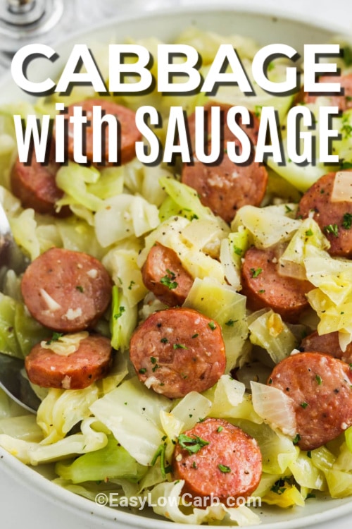 Fried cabbage and sausage in a white bowl with text