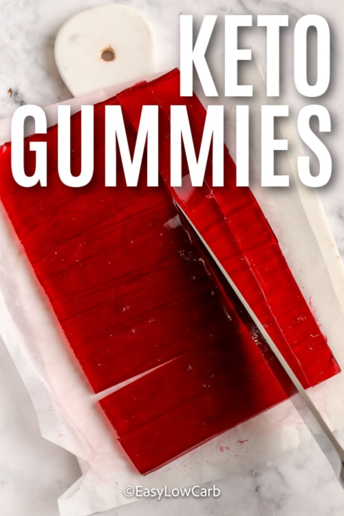 Keto Gummies being cut into squares with a title