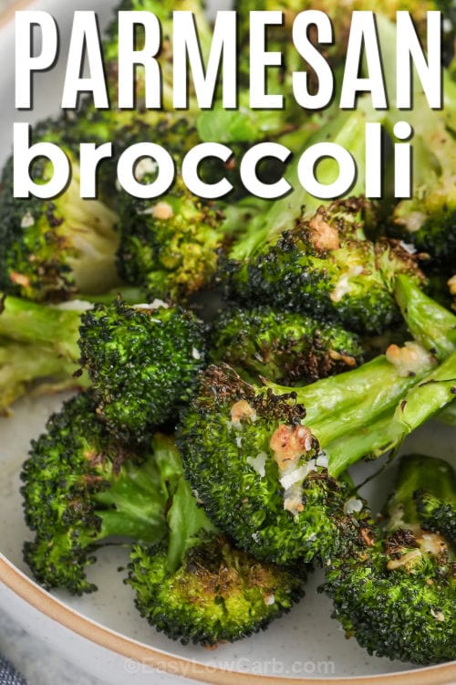 close up of Parmesan Broccoli with a title