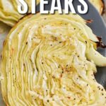 A roasted cabbage steak being lifted off a baking tray with a title