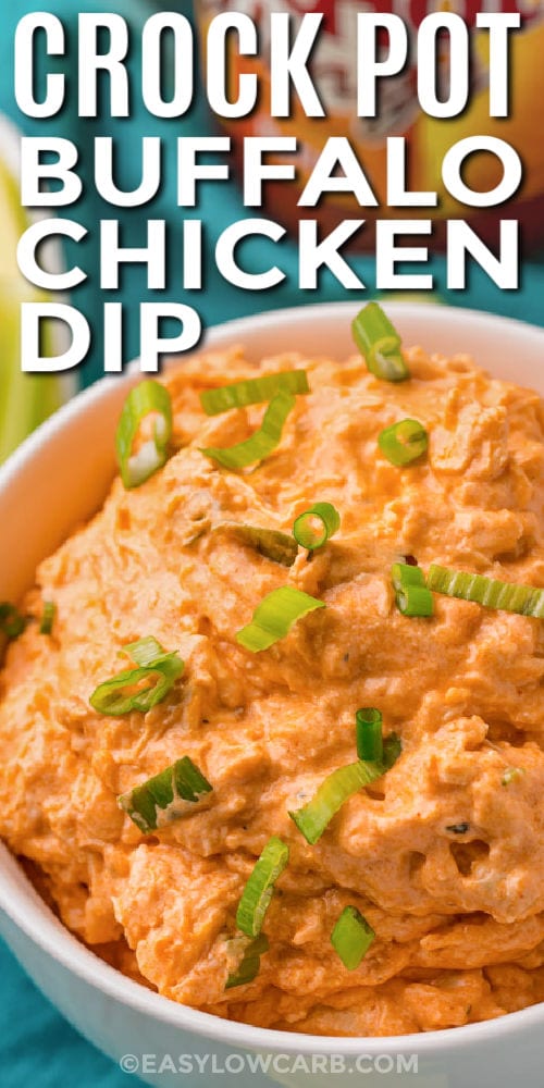 plated Crock Pot Buffalo Chicken Dip Recipe with a title