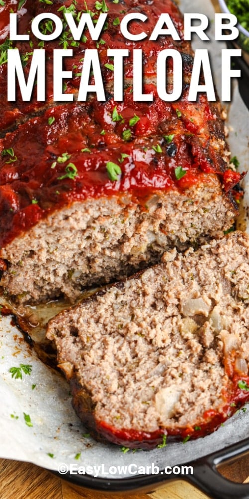 cooked low carb meatloaf, on a parchment lined baking sheet, with writing