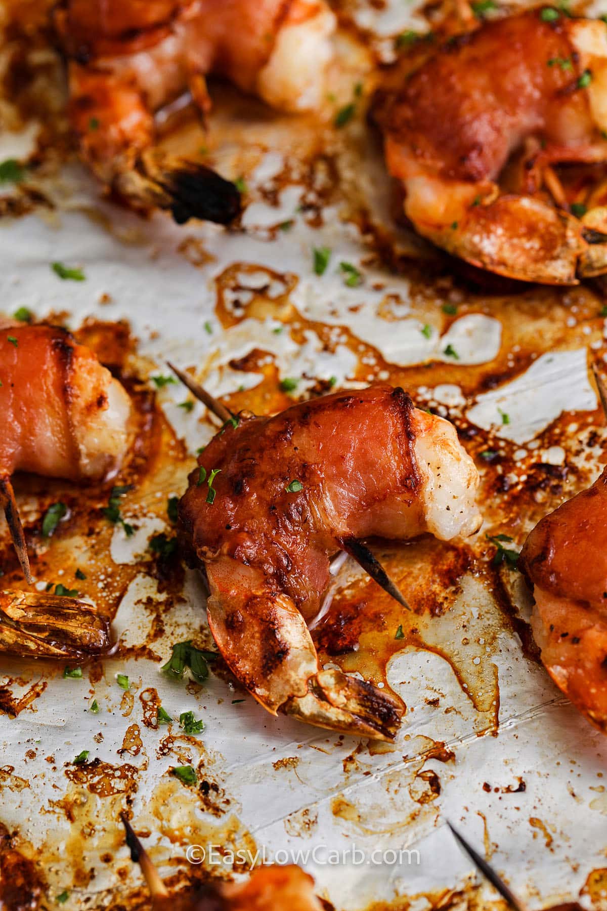 Bacon Wrapped Shrimp cooked on a baking tray
