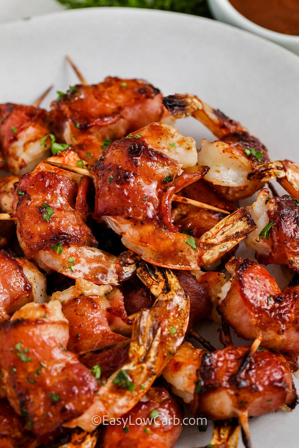 A serving dish of Bacon Wrapped Shrimp
