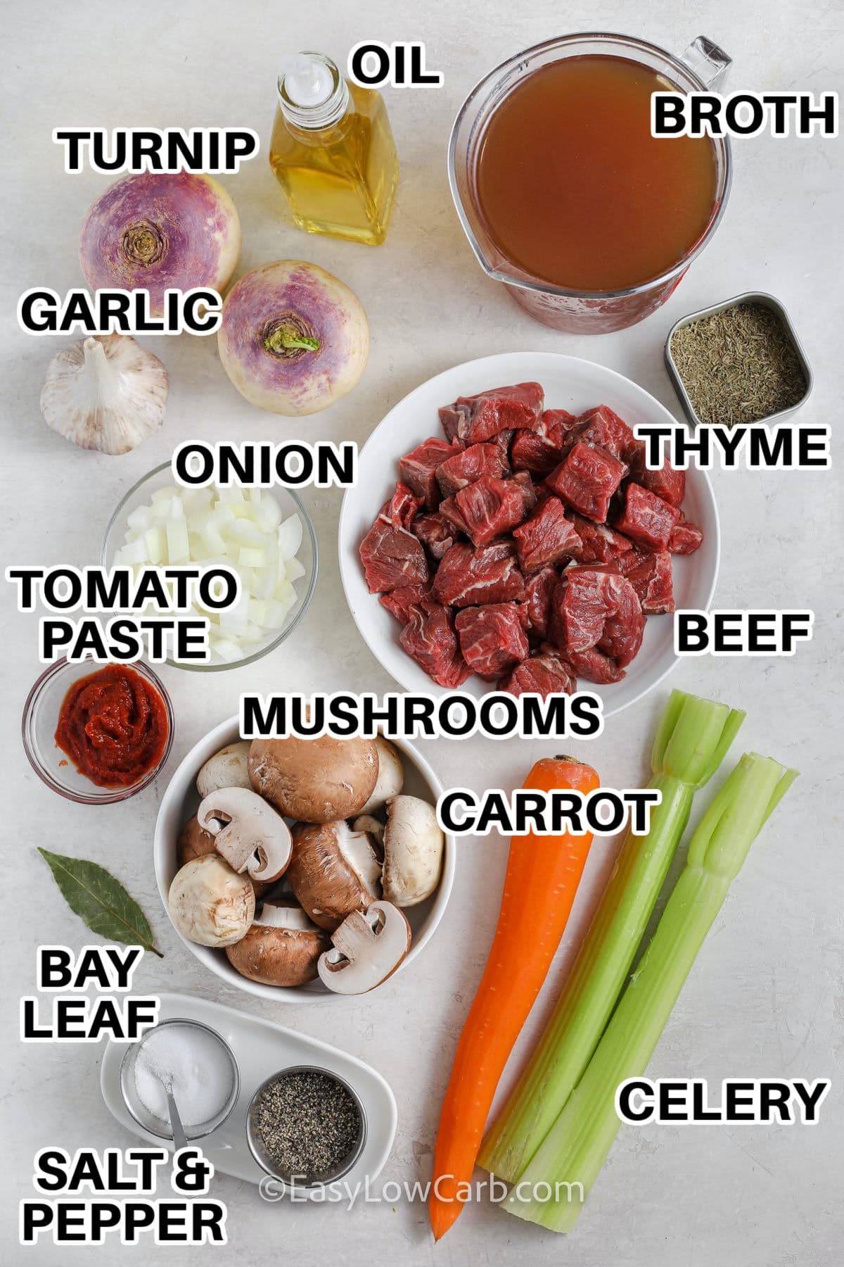 oil , turnip , garlic , onion , tomato paste , mushrooms , bay leaf , carrot , celery , beef , thyme and broth with labels to make Beef and Vegetable Soup