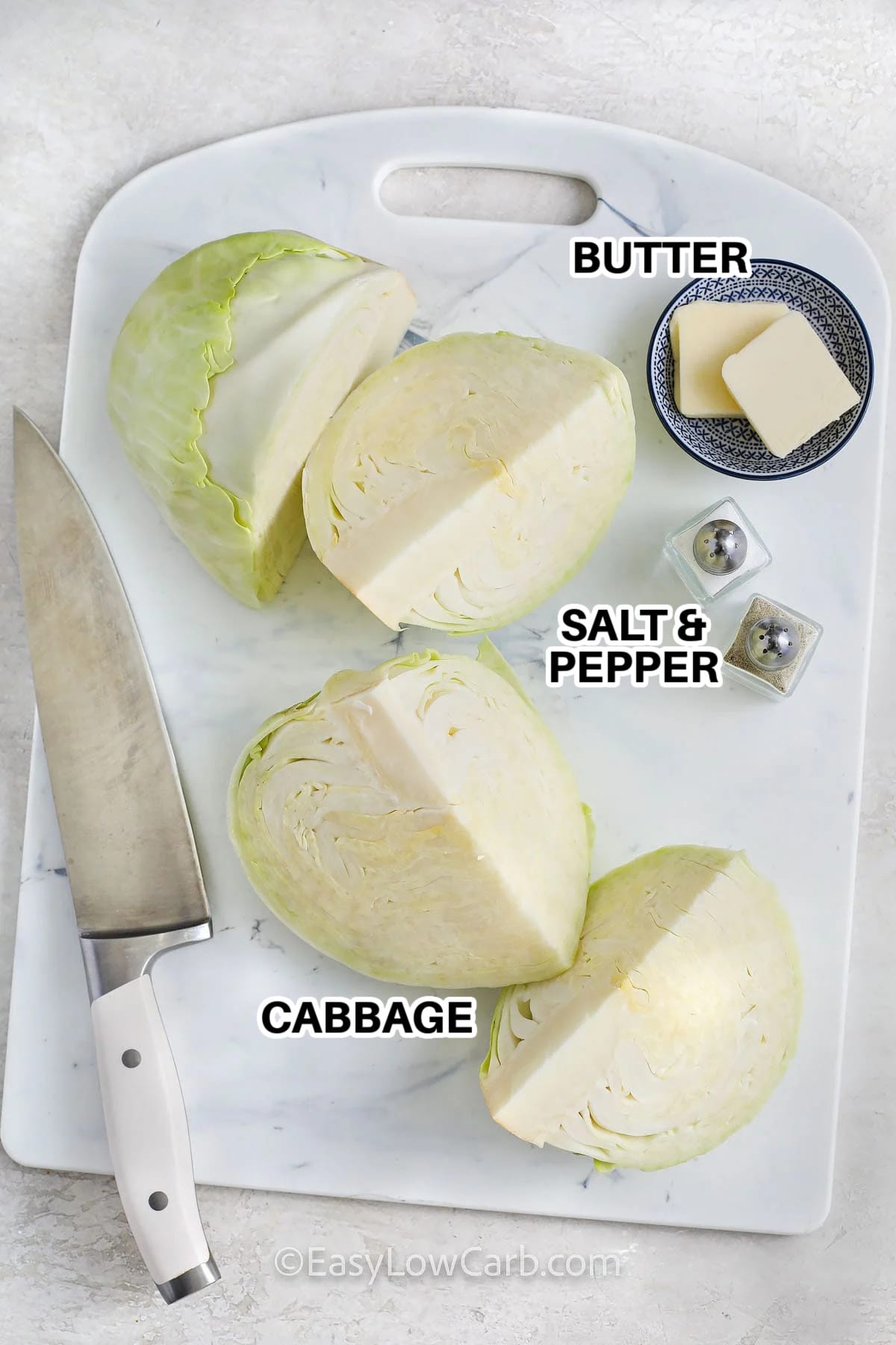 ingredients to make Boiled Cabbage labelled: Cabbage, Butter, Salt, and Pepper