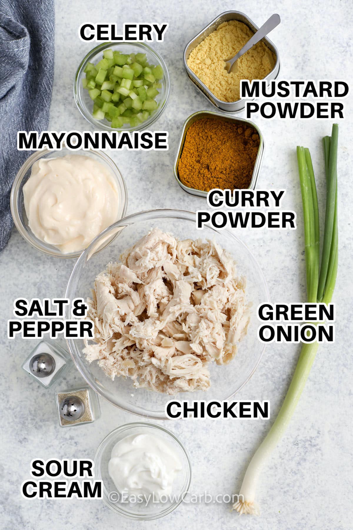 mayonnaise , celery , curry powder , mustard powder , green onion , chicken , salt and pepper , sour cream with labels to make Curry Chicken Salad
