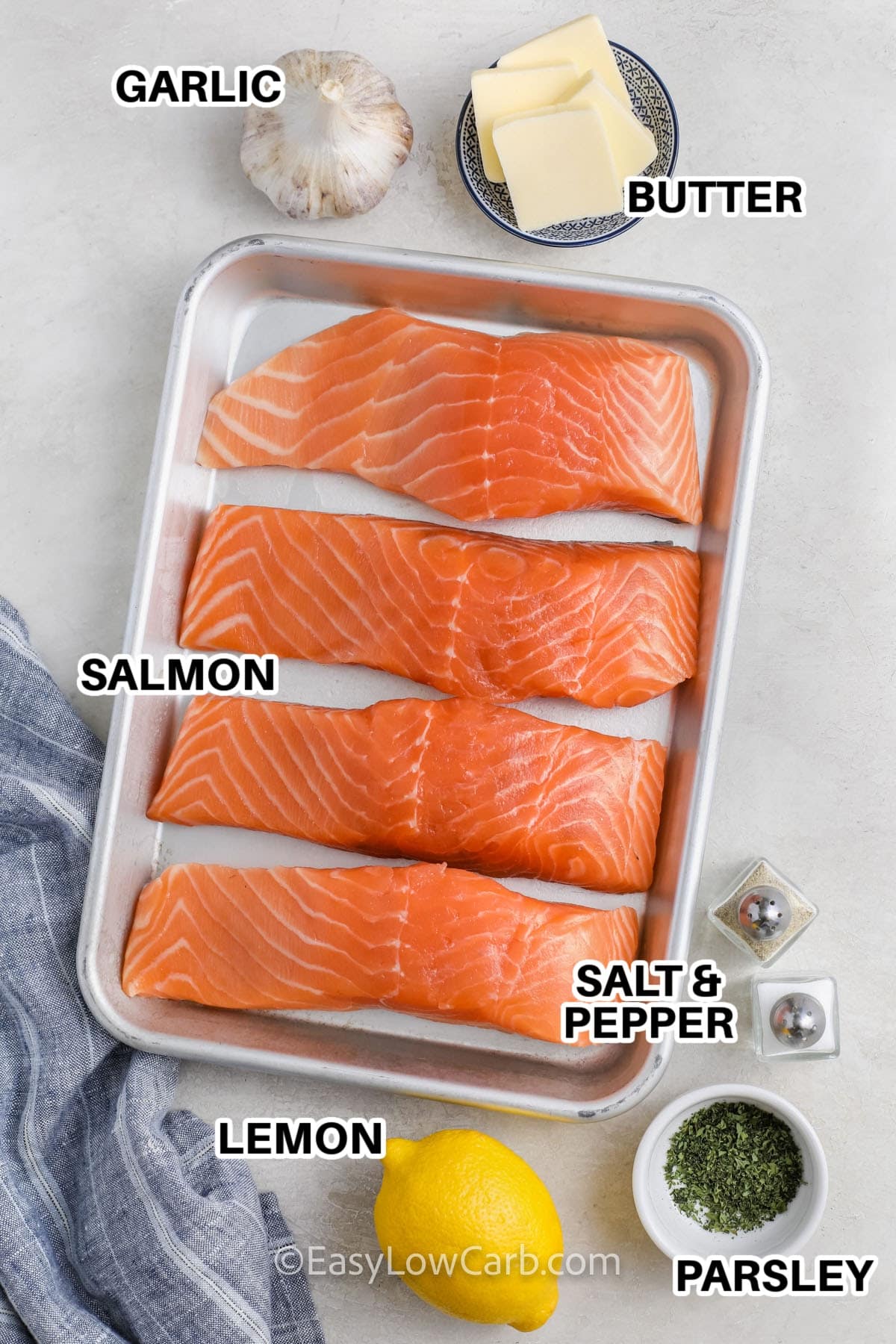 Ingredients to make Garlic Butter Salmon labeled: garlic, butter, salmon, salt & pepper, parsley, and lemon