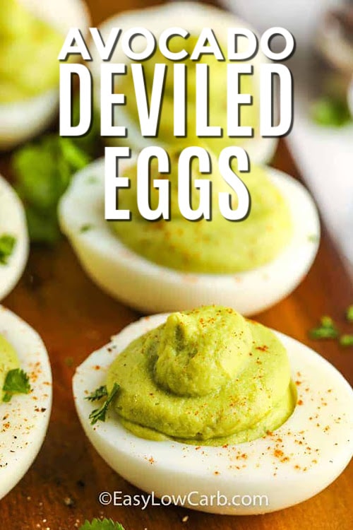 prepared avocado deviled eggs with text