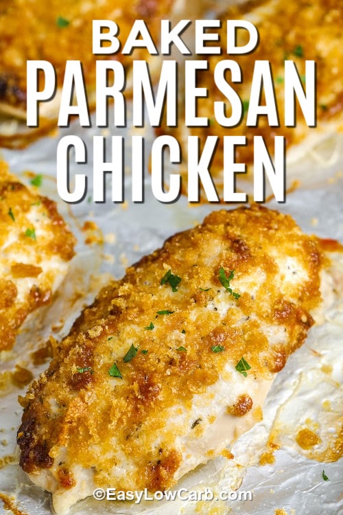 Baked Parmesan Chicken on a pan with a title