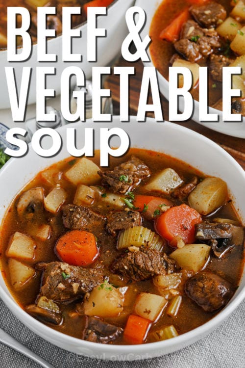 plated Beef and Vegetable Soup with a title