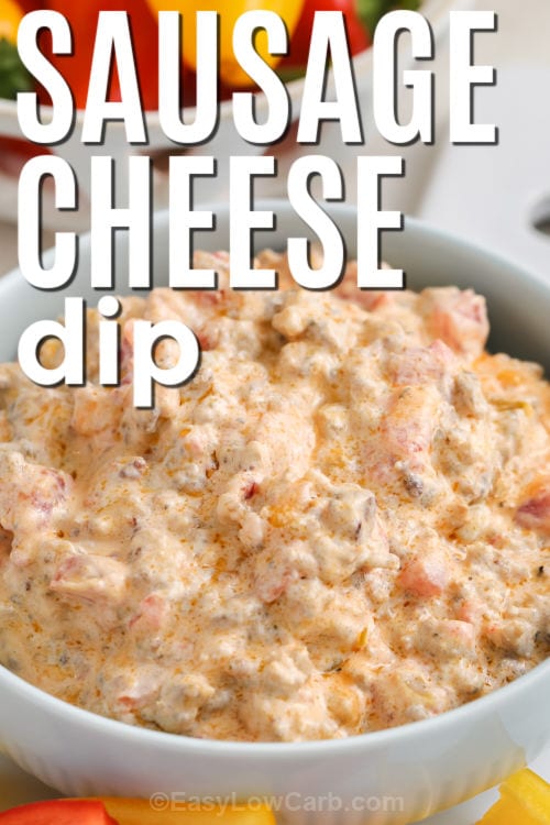 bowl of Sausage Cheese Dip with a title
