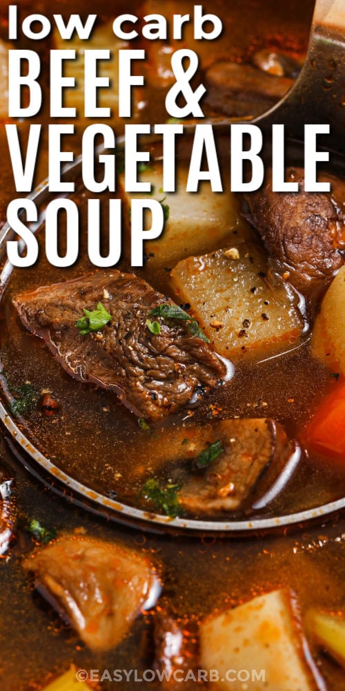 close up of Beef and Vegetable Soup with writing